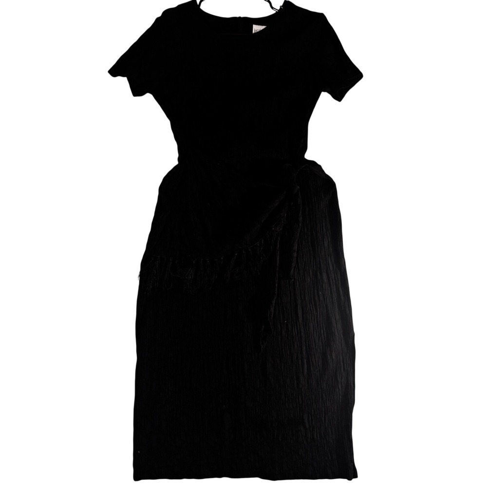 Justin Thyme Ltd Black Crinkle Fringe Wrap Midi Dress Vintage Sz 14 Short Sleeve